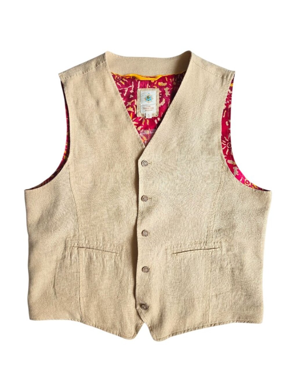 The Territory Ahead Linen Vest Men's L Beige Tropical Batik Floral Print Lining